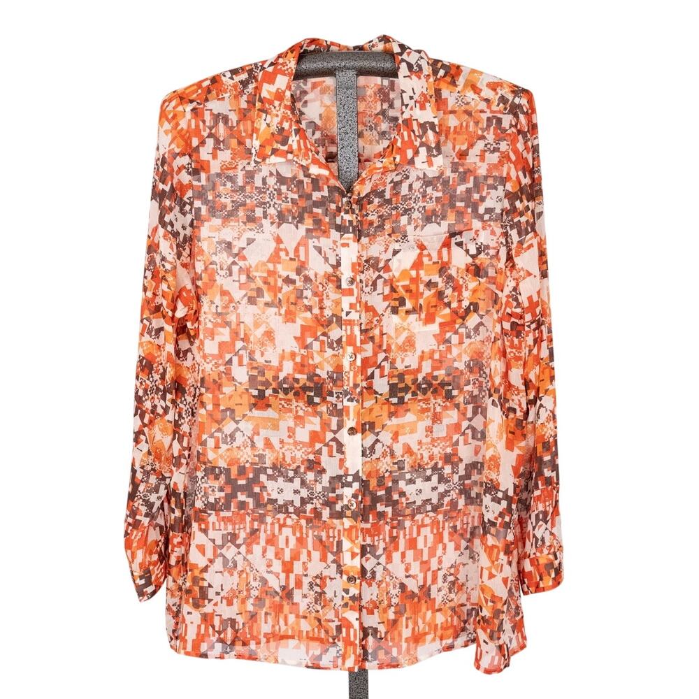 J. Jill Women's Sheer Button-Up Top Size XL Colorful Artsy Boho Geometric Casual
